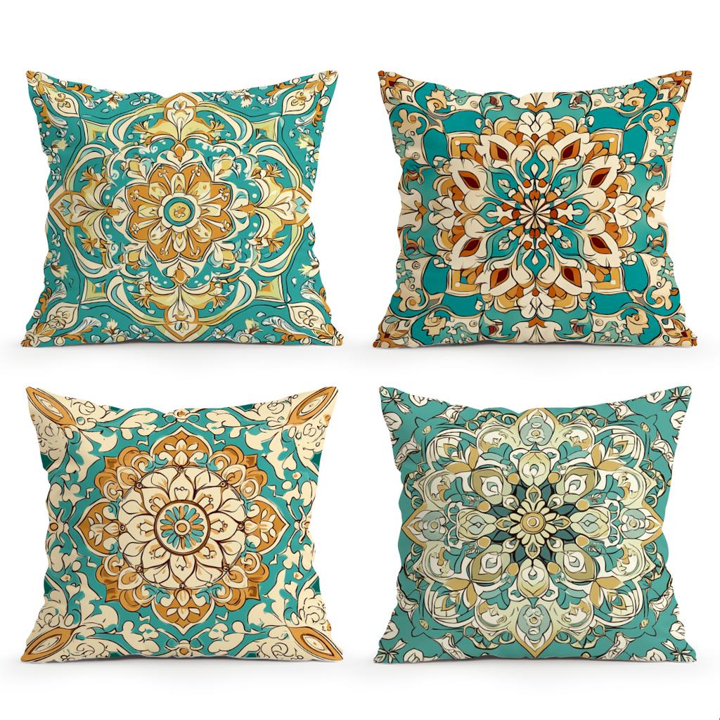4 Pcs Bohemian Geometric Floral Single-Sided Printed Pillowcase Cushion Cover,Suitable For Living Room,Bedroom,Car Decoration