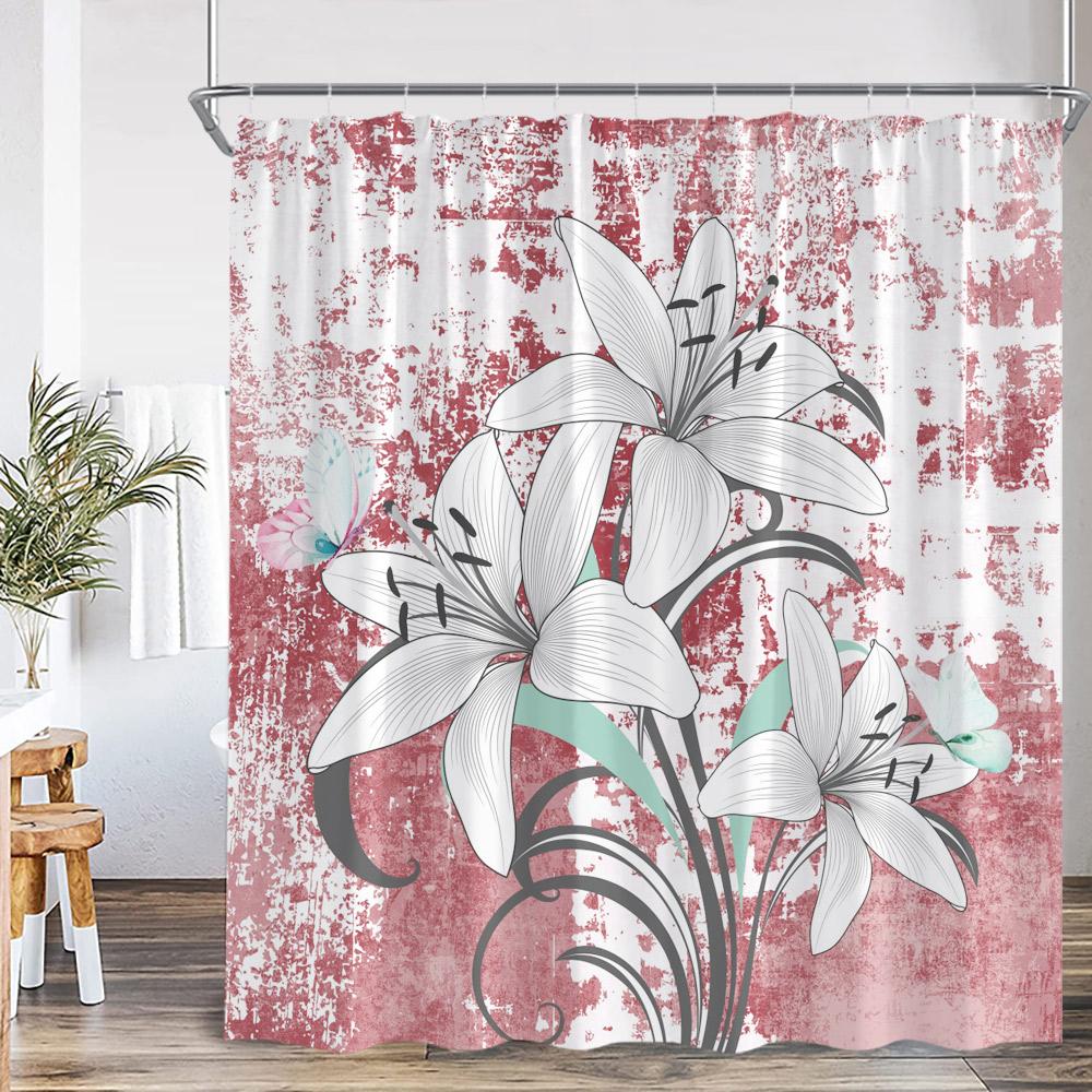

Lily Flower Vintage Shower Curtain White Lilies Floral Colorful Background Nature Plant Bath Decor Art Polyester Bathtub Curtain W60H190(CM)-1 Pcs