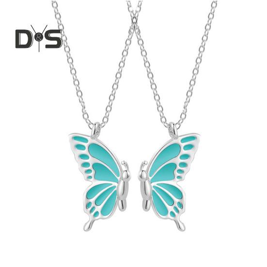 2Pcs/Set Friendship Necklace Meaningful Bright Luster Adjustable Extension Chain Decoration Gift Best Friend BFF Sister Butterfly Pendant Necklace