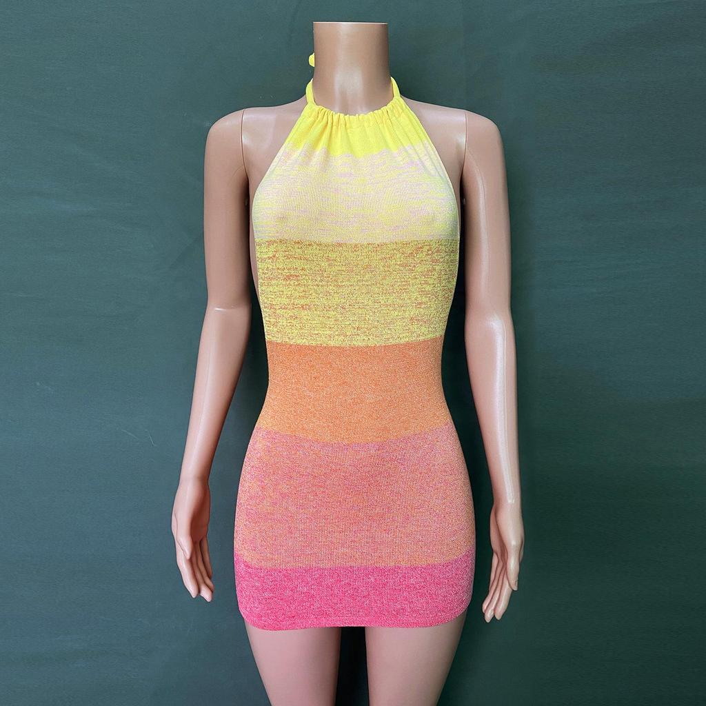 2024 Summer Women's Fashion Lace-up Halter Knit Slim Fit Open Back Dress