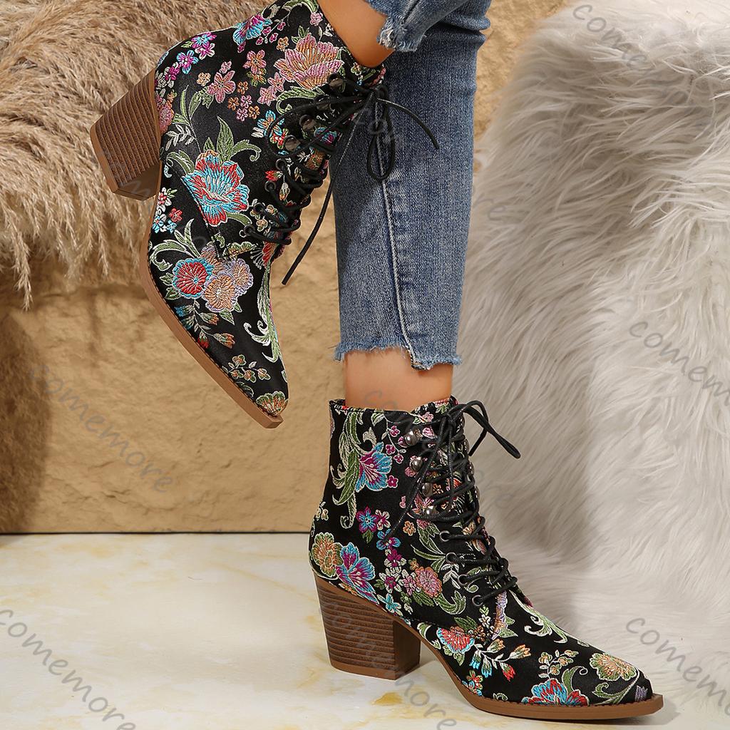 Fashion Comemore Women's Boots Spring Autumn New Embroidery Ethnic Style Pointed Head Chunky High Heel Ankle Boots Retro Short Botines