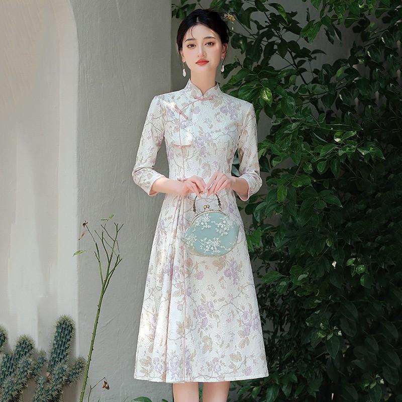 Thick Knit Style Long Sleeve Dress Women Vintage Chinese-Inspired Semi-High Neck Midi Winter