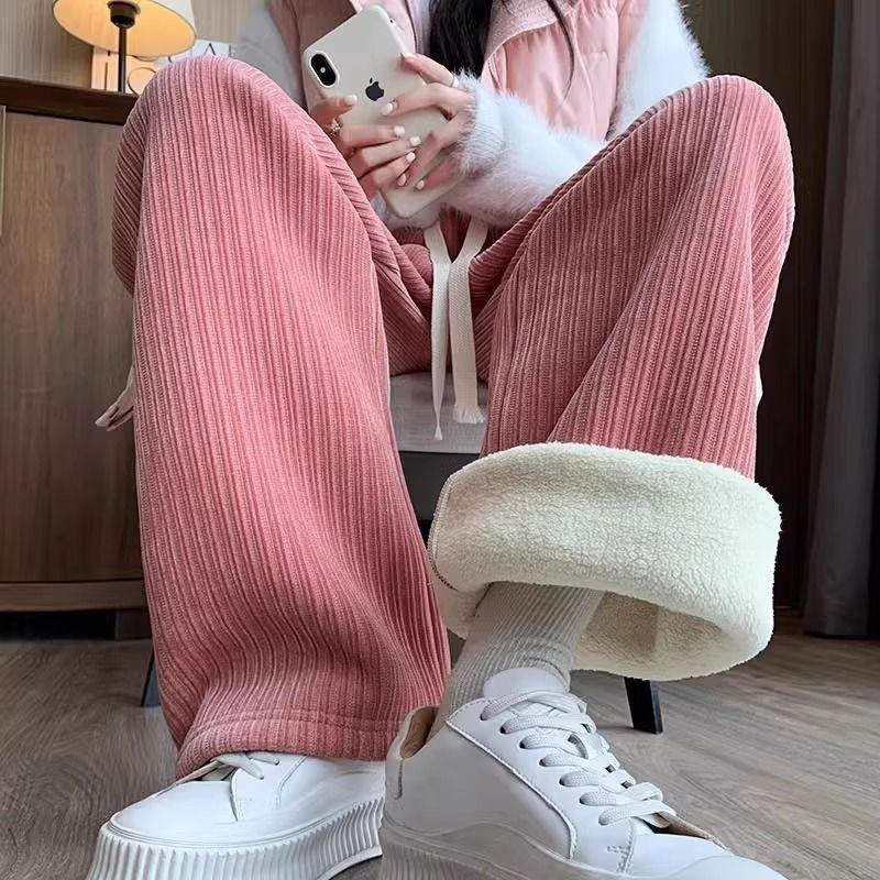 Extra-large Lambswool Wide-leg Pants for Women Autumn and Winter with Lining and High Waist Straight-cut Pants