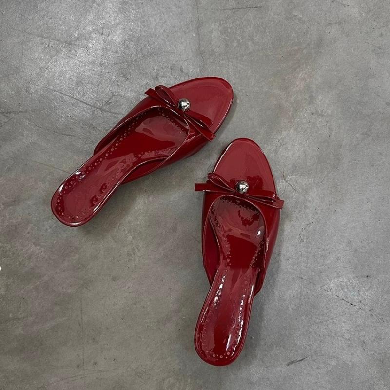 Fashion 2025 New Summer Bowknot Flip Flops Round Head Kitten Heel Slippers Outdoor Pearl Design Open Toe Slip-On High Heel Sandals  Size