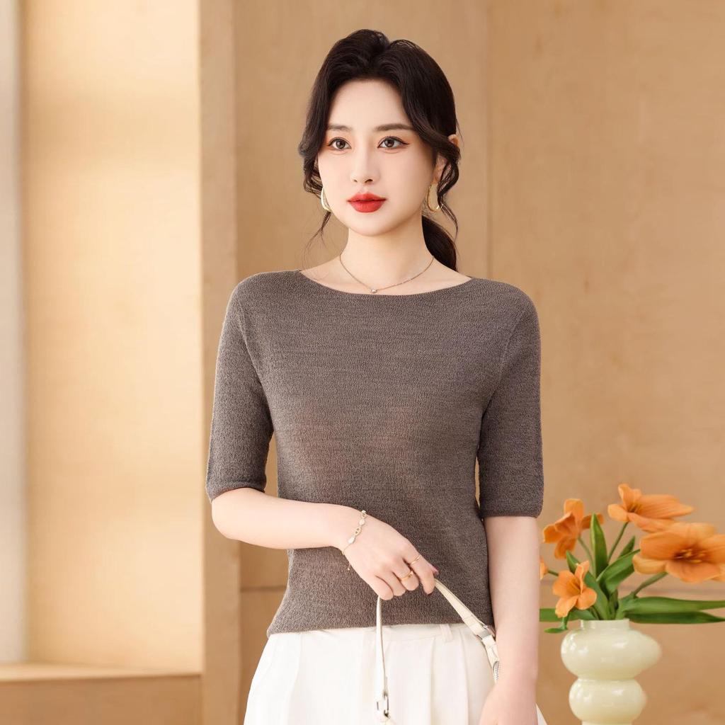 Lekasha Women's Off-Shoulder Fine Wool Sweater - Spring Style, Loose Fit, Mid-Sleeve, Five-Point Sleeve Base Layer