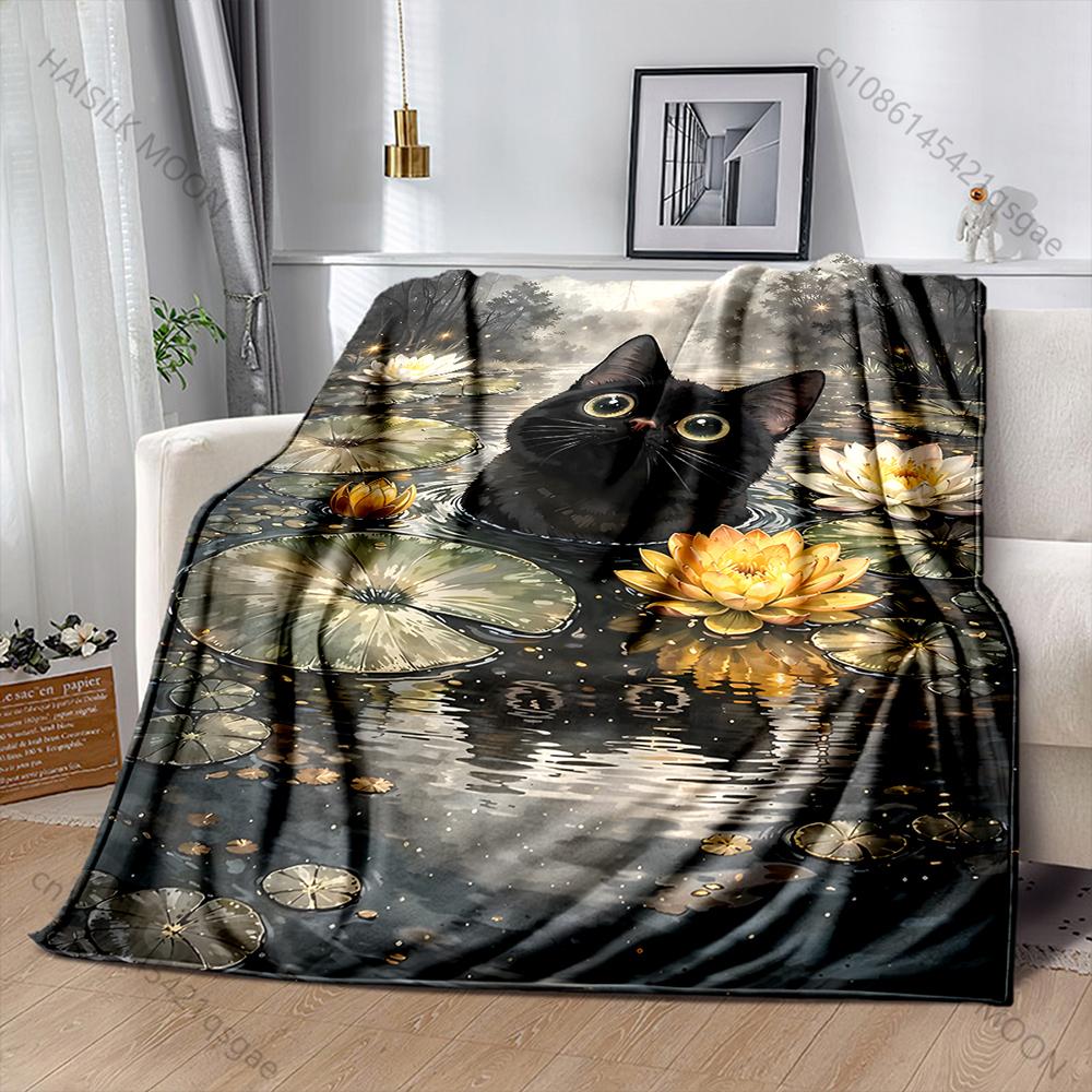 Multiple sizes Black cat in pond Print Adult Children Warm Blankets Home Travel Car Soft Comfortable Suitable for all seasons