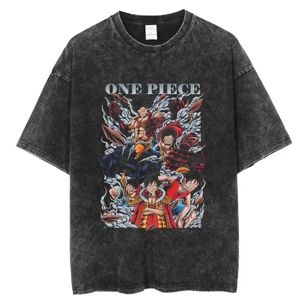 Nika Luffy Gear  ONE PIECE Anime Harajuku Retro Washed Tshirt  Cotton Men Streetwear Women Short Sleeves Unisex Top