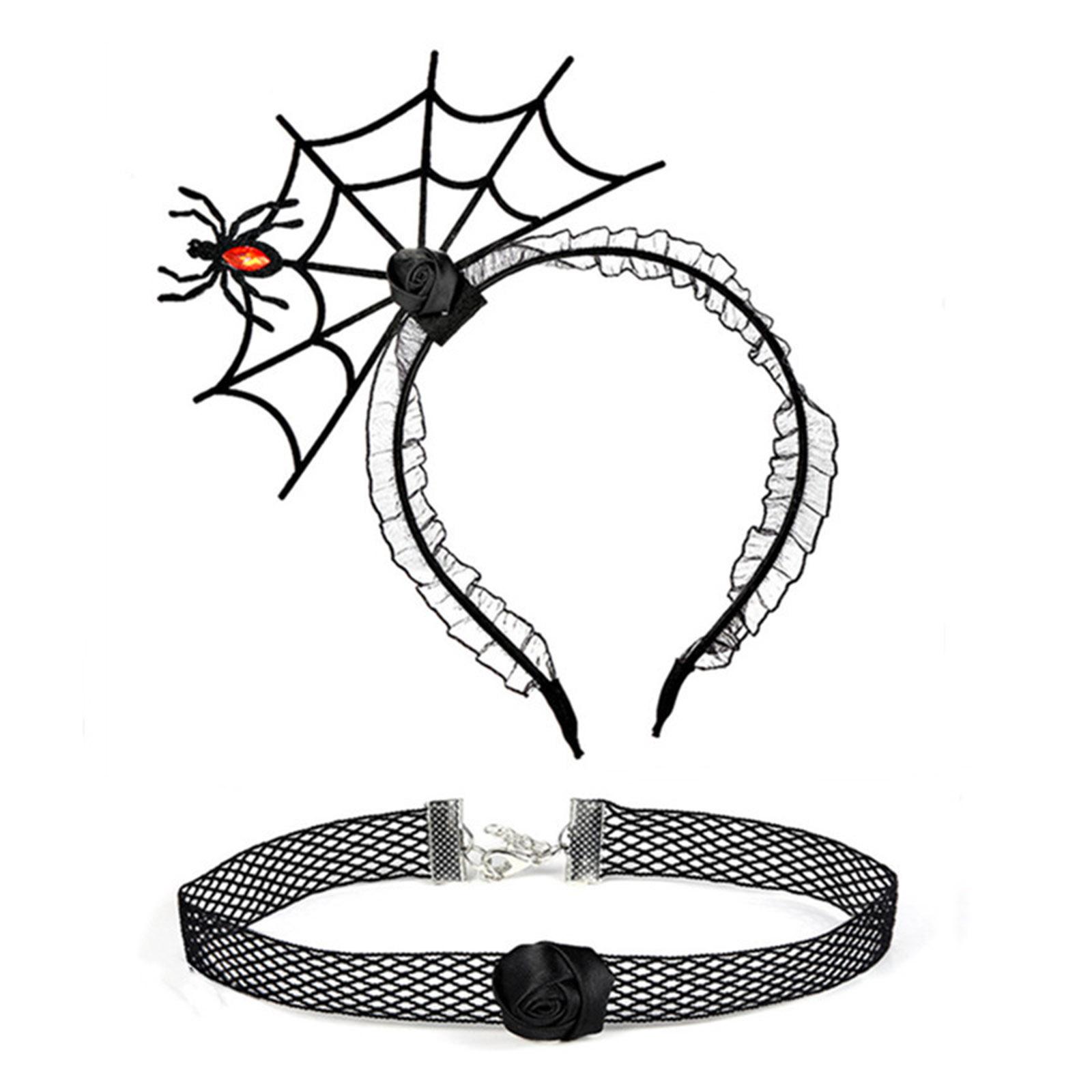

Spiderweb Shape Hairhoop and Lace Choker Set Girls Cosplay Costume Headdress Halloween Party Supplies for Adult