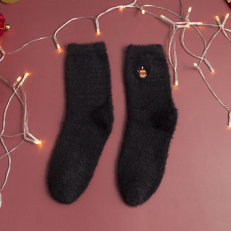 2024 Women's Christmas Stockings: Mink Velvet, Mid-Calf, Red Embroidered, Warm Autumn/Winter Socks.