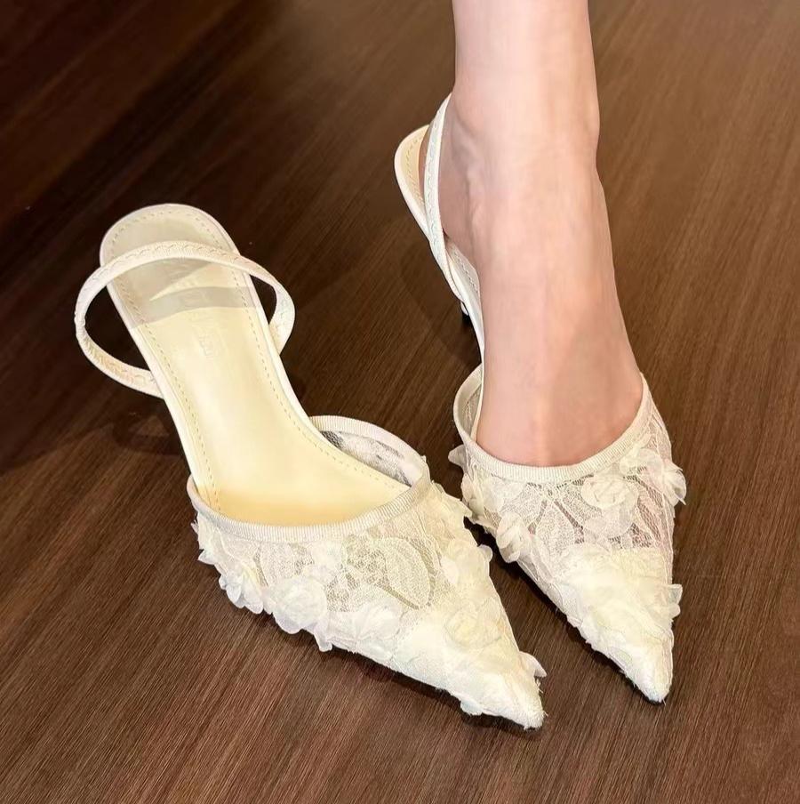 

Fashion Ladies Flower Mesh Open Heel Sandals Shoes Sexy Designer High Heel Pointed Toe Stiletto Pumps Mules Women Sandals 35 бежевый