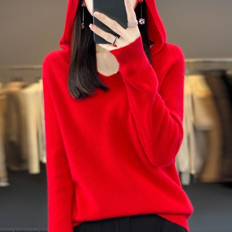 Women's Fall/Winter V-Neck Hooded Pullover Sweatshirt Cropped Knit Sweater