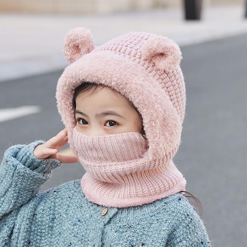 Kids Winter Knit Bear-Ear Hat With Neck Warmer Hooded Beanie Cycling Outdoor Wear