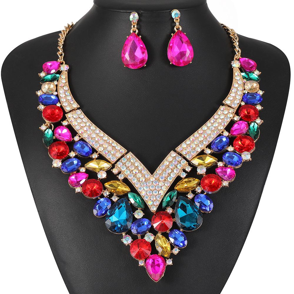 

2026 Jewelry European and American Fashion Exaggerated Crystal Gemstone Necklace Earrings Jewelry Set Bridal Wedding Dress Versatile 45CM різнокольоровий