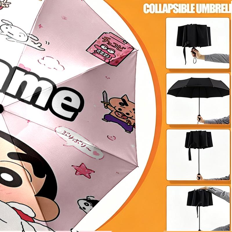 Custom Name Personalized Crayon Shin Print Umbrella, Auto Open Close, 8‑Rib Sturdy Frame, Commute Camping Hiking Use, Birthday Gift