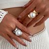 Salircon Aesthetic Design Inlaid Imitation Pearl Wide Metal Ring for Women Men Trendy Punk Vintage Finger Ring Hip Hop Jewelry