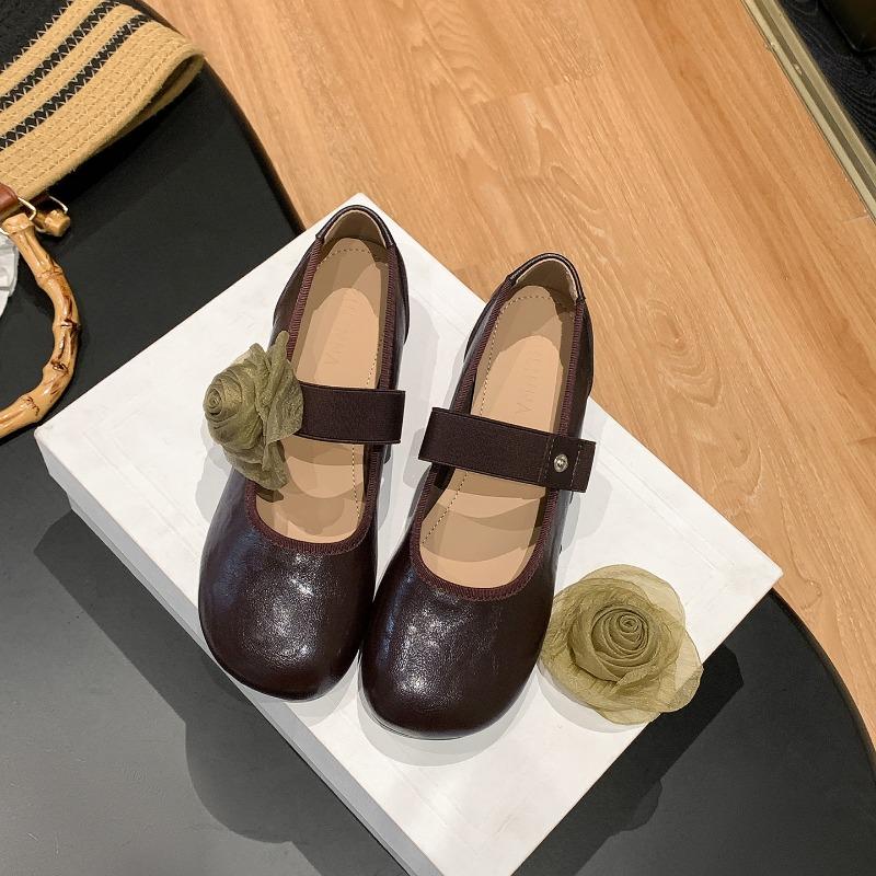 Inner heightening single shoes with detachable flower women's shoes summer versatile soft-soled ballet Mary Jane small leather shoes