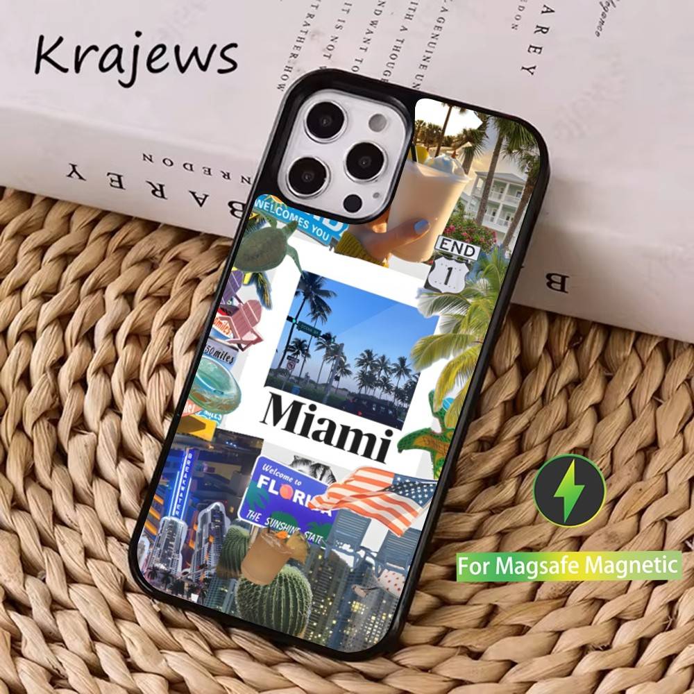 Summer Art Miami Florida Handyhülle Für iPhone 16,15,14,17,13,12,11,Pro,Max,Plus,Mini, Magsafe,Magnetische Kabellose Ladehülle