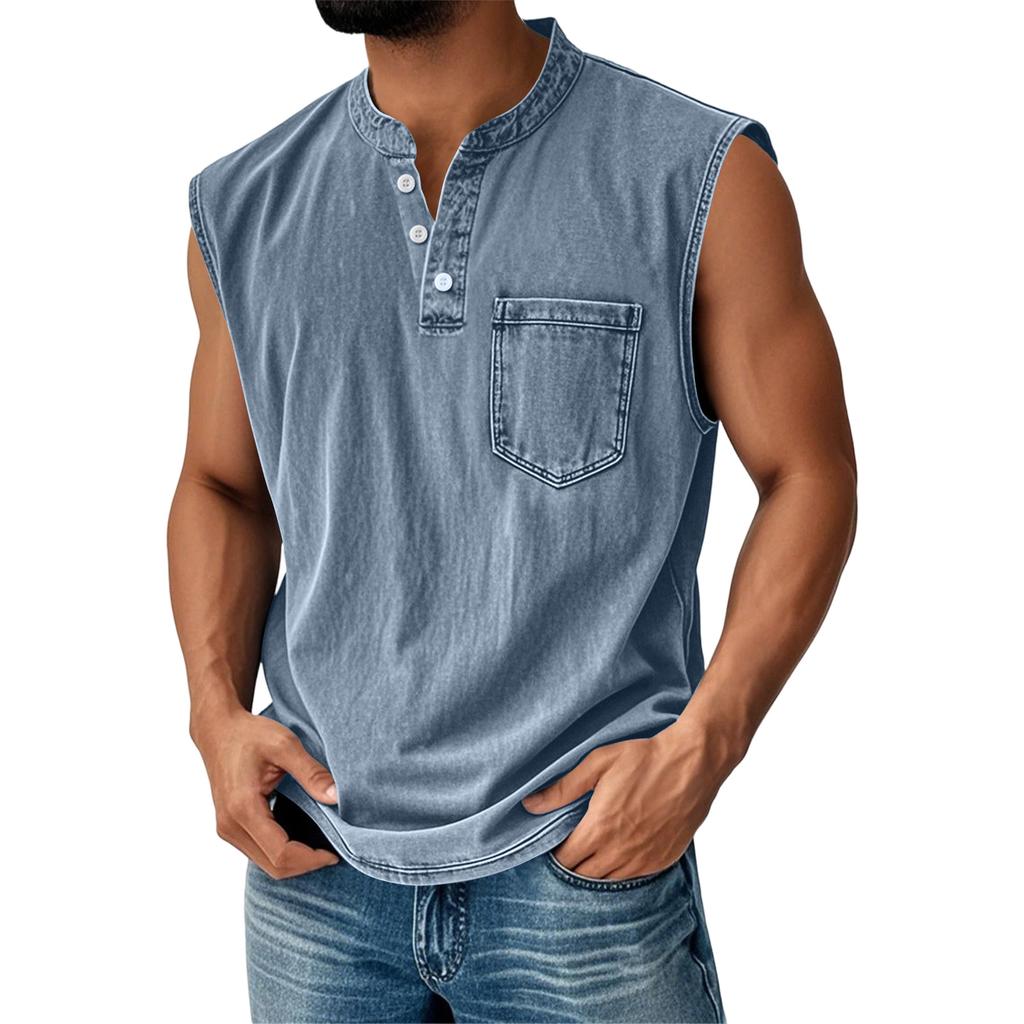 Men Sleeveless Henley Shirt Casual Button Front Pocket Design Lightweight Stand Collar Top