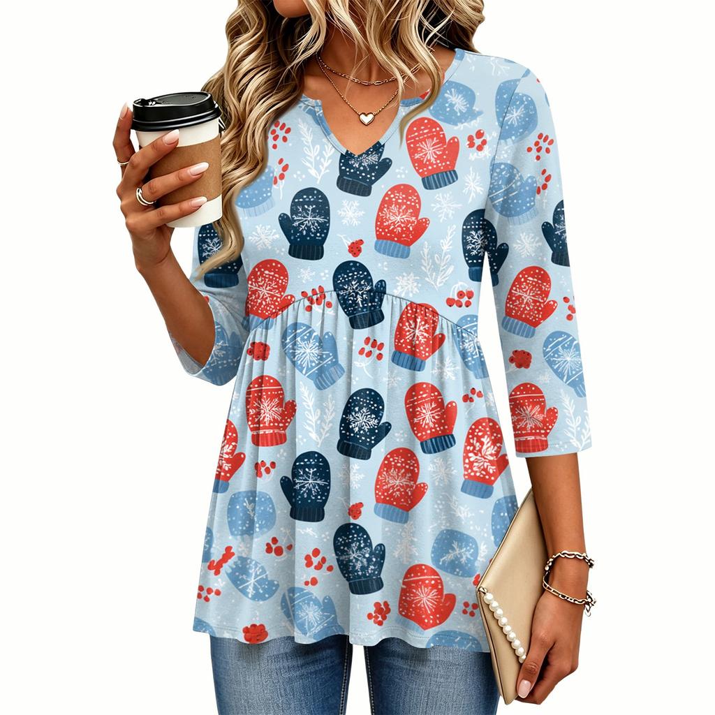 Women's Fashion Casual Christmas Print V-Neck Three-Quarter Sleeve Blouse