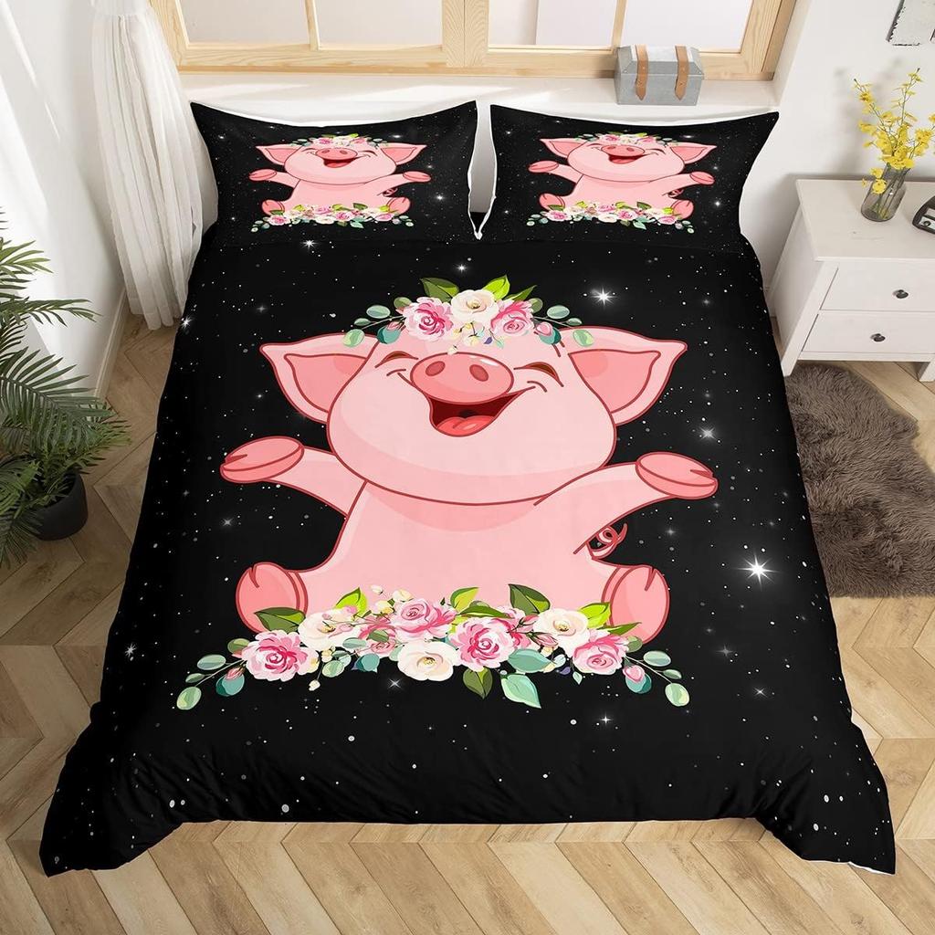 Pink Pig Duvet Cover For Girls Kawaii Room Decor Twin, Rose Floral Leaves Comforter Cover Cute Farm Animal Cartoon Bedding Set