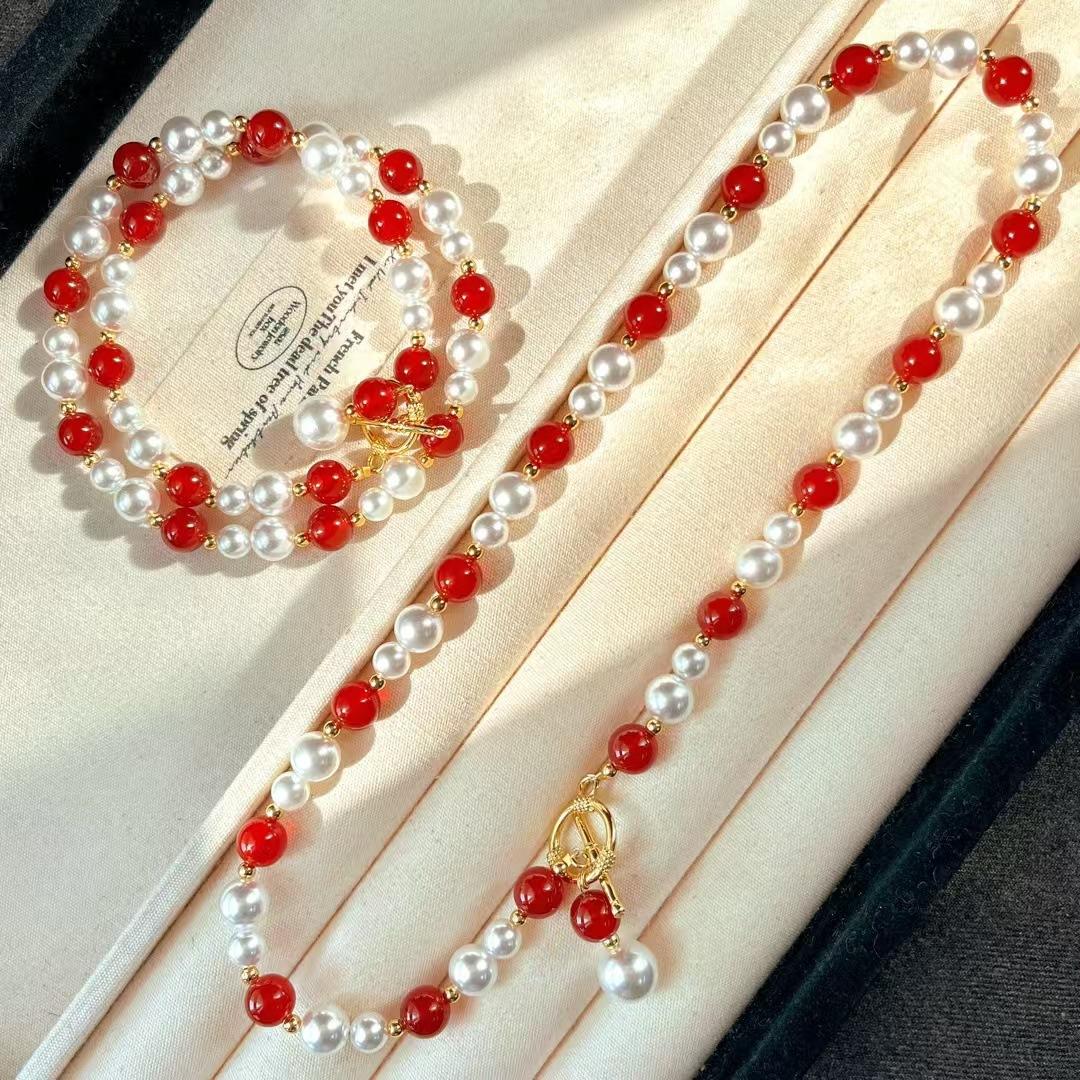 

Vintage High Quality Natural Chalcedony Agate Imitation Pearl Necklace Collarbone Chain