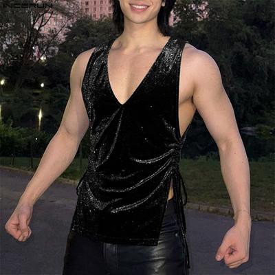 Gilet/Canottiere da Festa da Uomo Estivi Senza Maniche con Glitter e Coulisse Laterale in Velluto Aderente