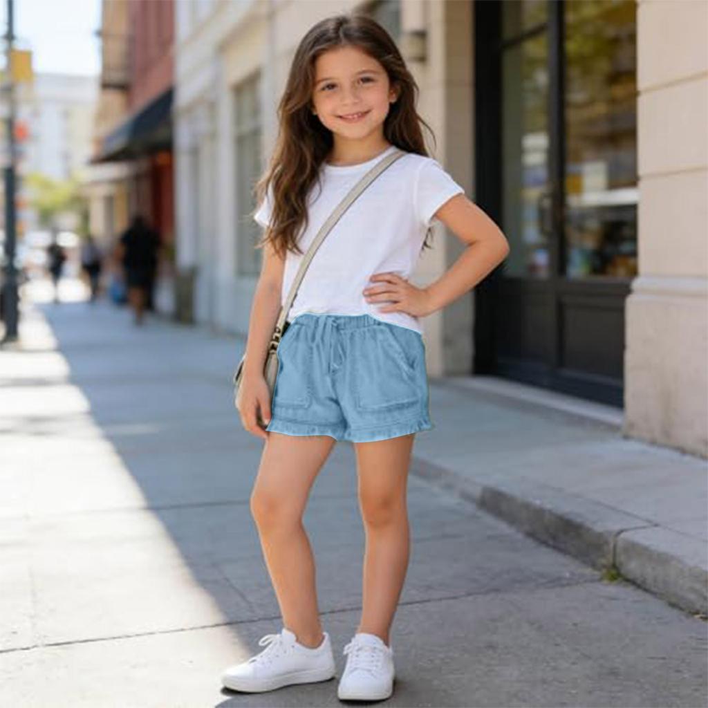 Girls Elastic Waist Casual High Waist Drawstring Shorts with Frayed Hem and Front Pockets Lightweight Soft Fabric Summer Bottoms