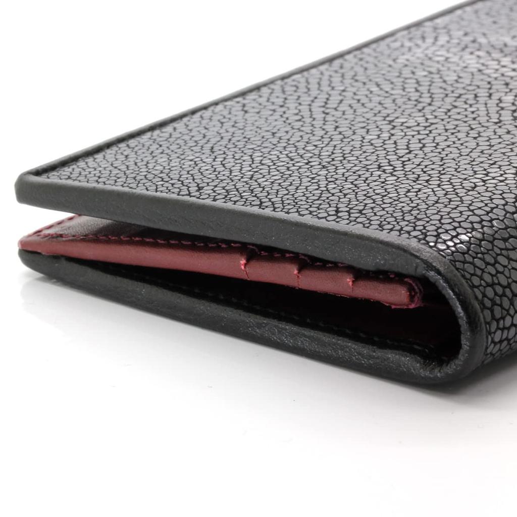 [Revetta] Stingray Leather Long Wallet, Slim Wallet, Wine Red Leather Interior, Galusha (Stingray) Leather, Black, Men's, with Coin Pocket, Genuine Le