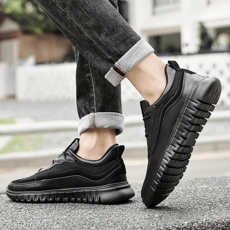 Fashion Trendy Brand Men's Genuine Leather Shoes Breathable Mesh Outdoor Hiking Shoes Simple Versatile Men's Sports Leisure Shoes
