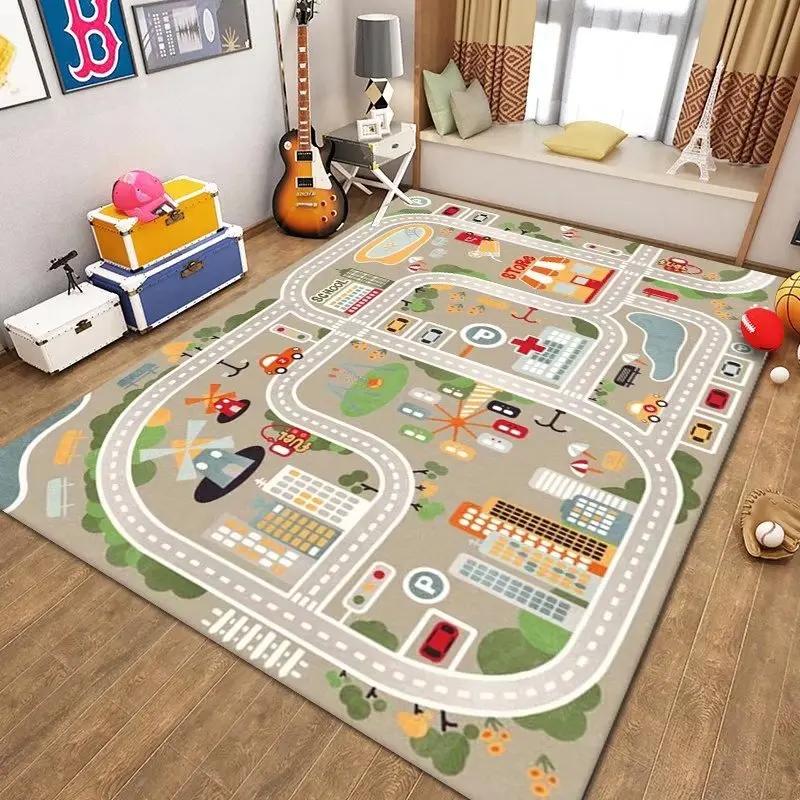 Car Rug Play Mat Road Rug Kid Play Mat Playroom Toy Car Mat Kids Carpet City Map for Bedroom Classroom Home Decor