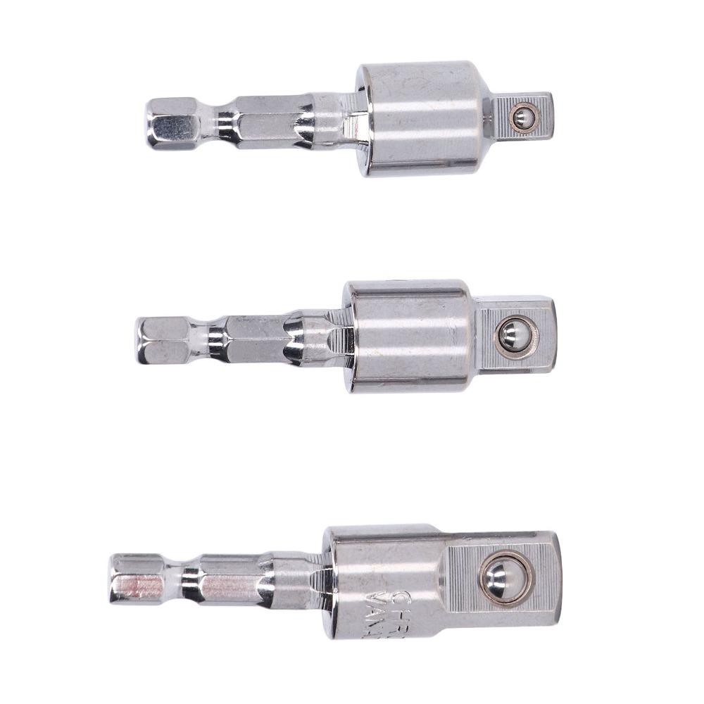 3 st Förkromade Hylsadaptrar 1/4" 3/8" 1/2" Fyrkantsfäste 360 Graders Roterbart Svivelhylsnyckelsats