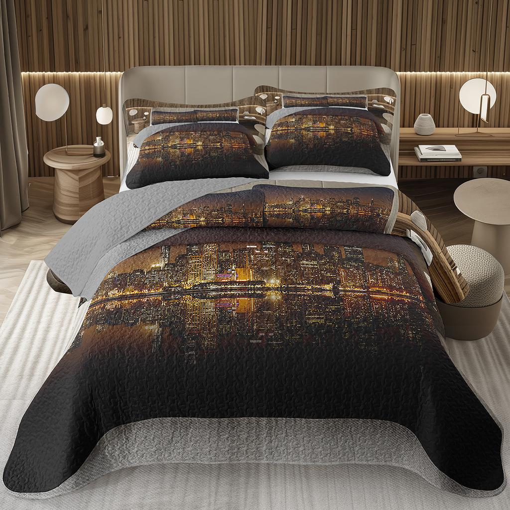 City Landscape Quilted Bedspread Set Cityscape Artwork Queen Bedding Set Colorful River Business District Coverlet For Girls Man