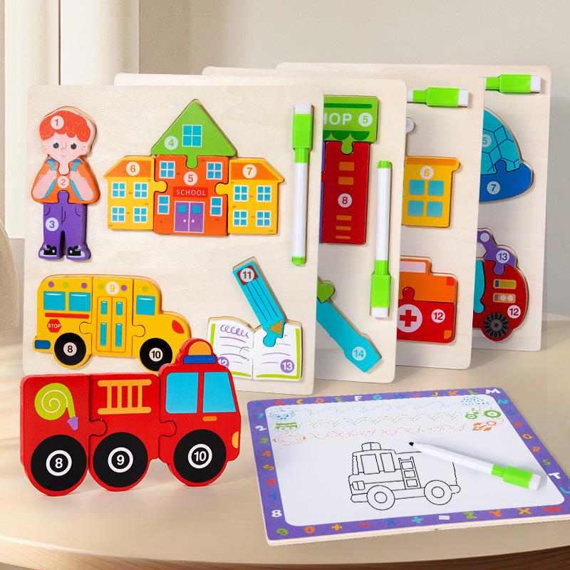 Children's 3D Wooden Jigsaw Puzzle & Drawing Board - Educational Vehicle & Figures Cognitive Toy.