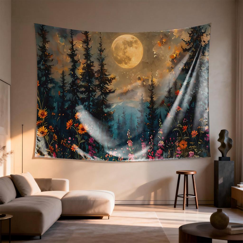 Moonlit Forest with Wildflowers Painting Digital Printing Polyester Wall Tapestry Suitable for Use In Living Offices Bars Party