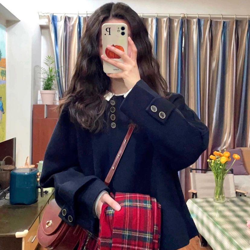 

2026 Autumn/Winter Korean Style Petite Women s Wool Jacket M (105-125 lbs) чорний