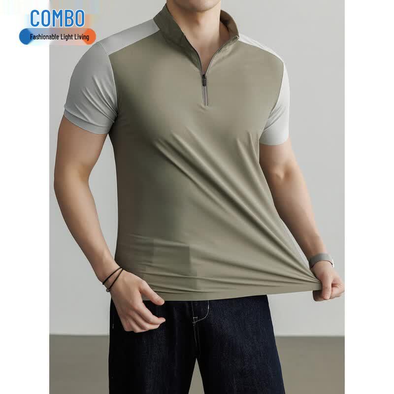 Kangbo Men s Old Money Style Summer Zipper Stand Collar T-Shirt 4XL