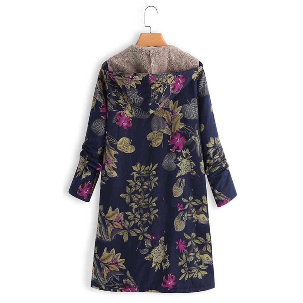  Womens Winter Warm Outwear Floral Print Hooded Pockets Vintage Oversize Coats