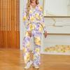 Women's V-Neck Loose Fit Printed Long Sleeve Pajama Set with Pockets - Casual Sleepwear Loungewear Set