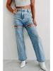 2025 Women's High Waist Straight-Leg Jeans with Chain and Washed Finish