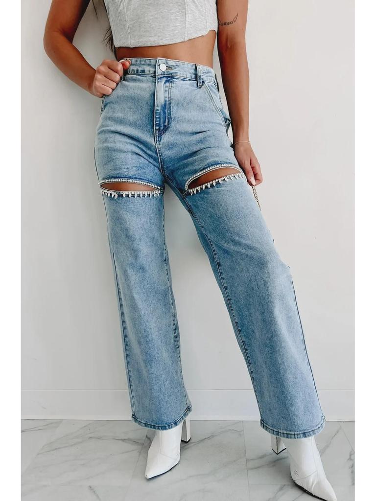 2025 Women's High Waist Straight-Leg Jeans with Chain and Washed Finish