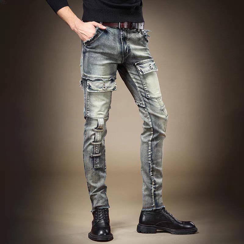 Men's Slim Fit Retro Washed Workwear Jeans - Trendy Autumn Style with Scraped Edges