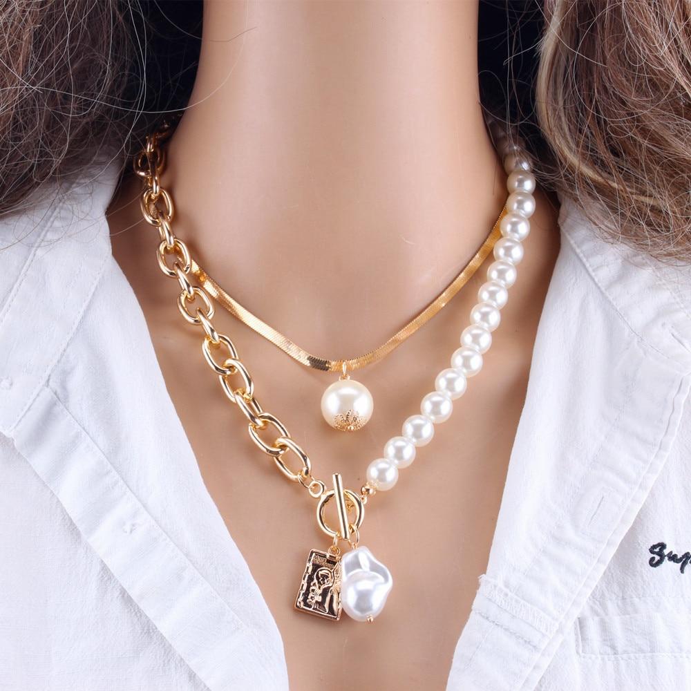 

2PCS Gold-color Necklace Hip Hop Style Baroque Faux Pearls Head Square Pendant Jewelry золотий