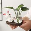 1pc Lovely Rabbit Hydroponic Plant Vases Transparent Glass Vase Tabletop Decoration Aquatic Flower Bottle With Wooden Base