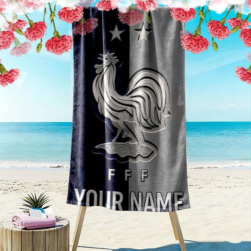 Custom Name Rooster France Print Beach Towel, Large Soft Quick Dry Towel for Beach Camping Swimming
