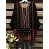 Camisetas Oversize Estilo Bohemio Chic Estampado Étnico Vintage Sencillo Dobladillo Irregular Cuello Redondo Top para Mujer Moda Versátil Ropa de Mujer