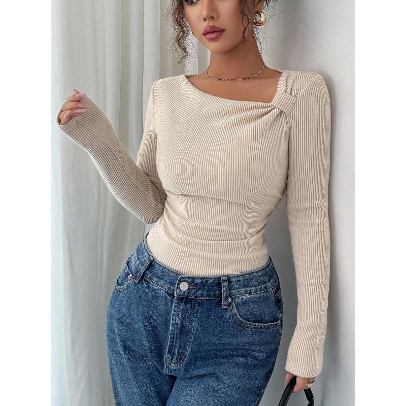Women S Asymmetrical Neck Long Sleeve Knit Top Slim Fit Autumn Blouse