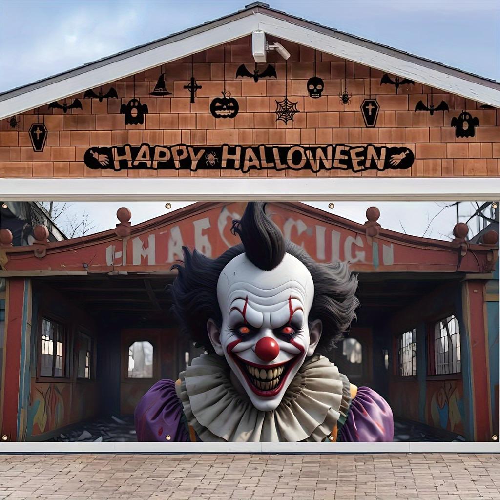 A Halloween Garage Flag with the Background of a Demon Clown In an Abandoned Garage, Outdoor Garage Festival Wall Decora