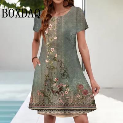 Bedruckte lockere Übergrößenkleider Damen Mode Kurzarm Lässig Tägliche Kleidung Sommerkleider