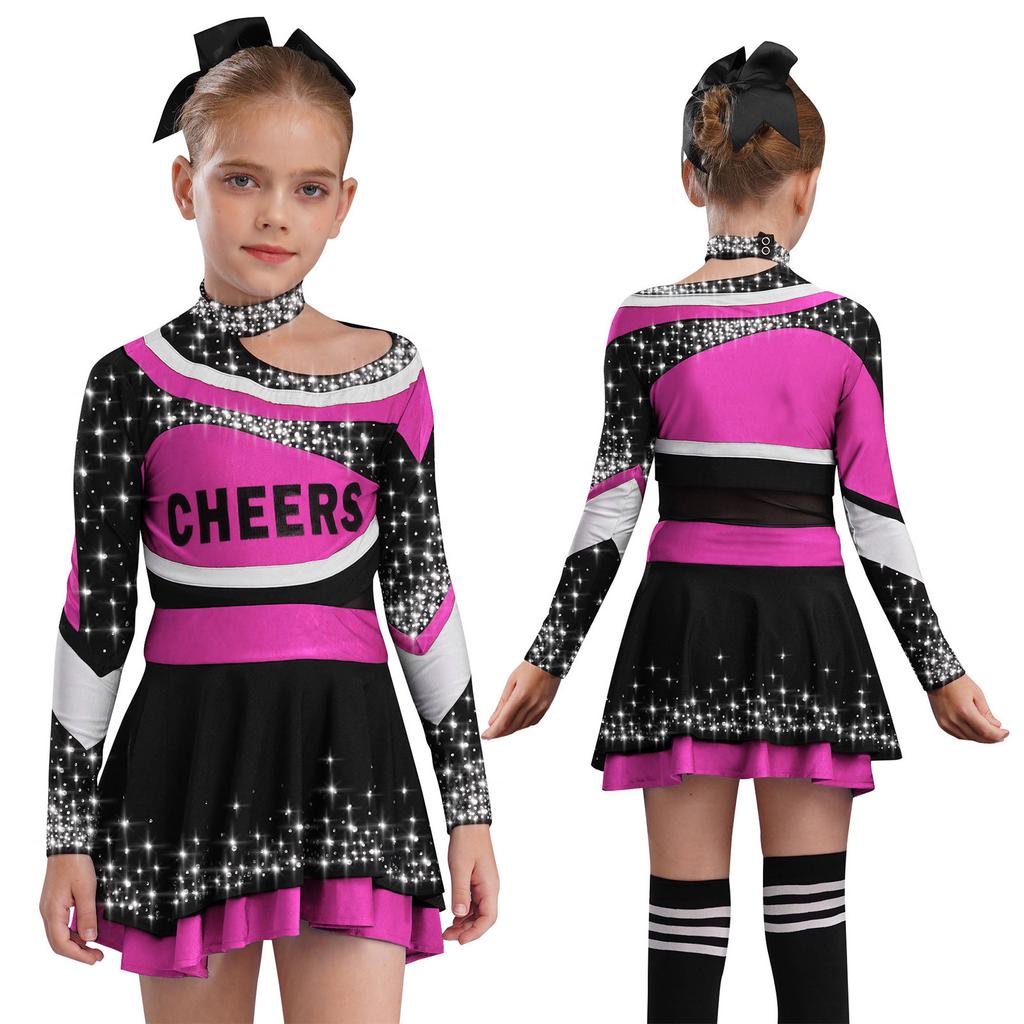 Varsity Style Cheer Uniform for Kids: Long Sleeve Rhinestone Top with School Letter & Contrast Skirt for Performance