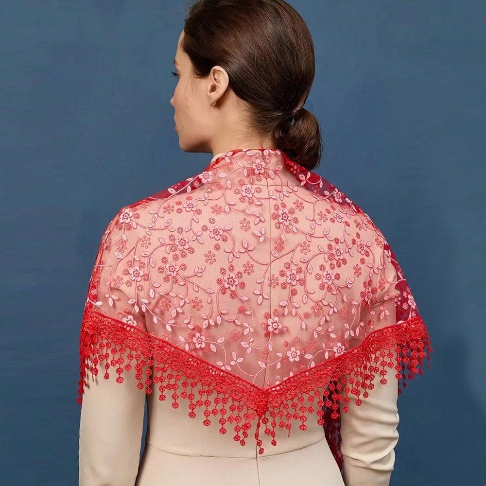 Embroidered Veil Headband Transparent Lace Head Scarf Elegant Lace Shawl  Party красный